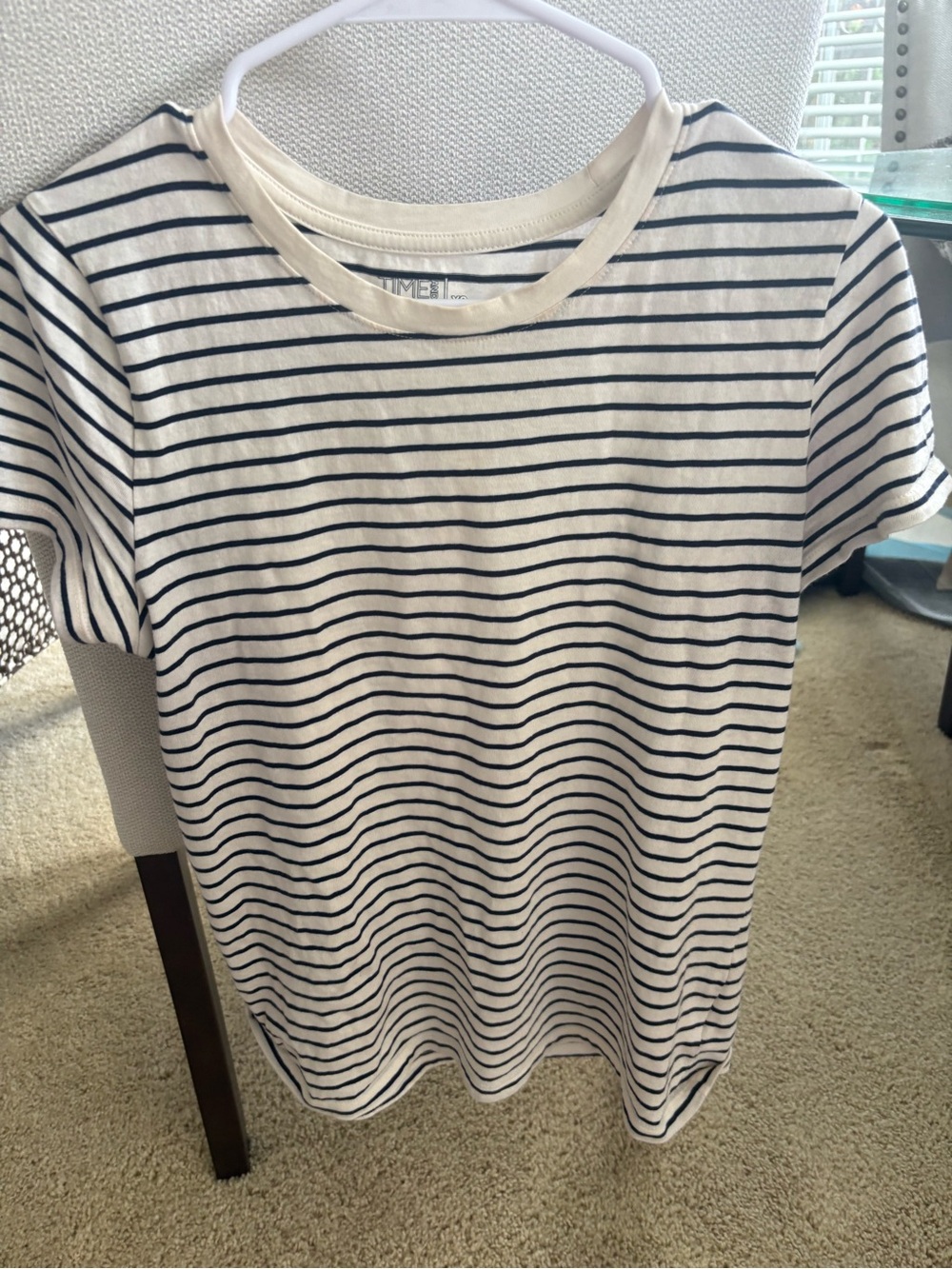 Time and Tru Cream and Navy Striped Crew Tee
